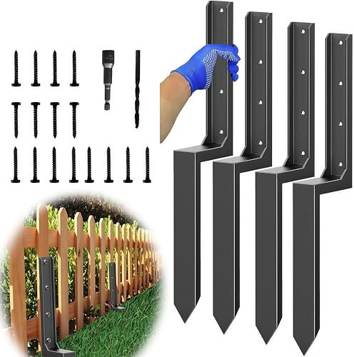 WUDLEP 4-Pack Heavy Duty Fence Post Anchor, 90cm Fence Post Repair Stakes Kit with Nails, Drill, Socket, for Repairing Tilted Broken Wooden Fence, Durable Garden Fencing Solution
