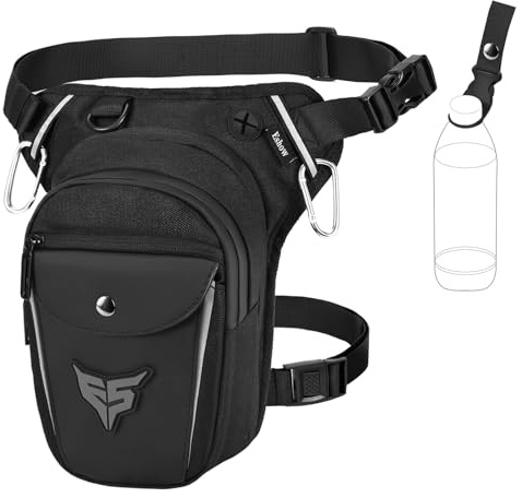 Eshow Sacoche de Jambe Moto Capacité Extensible, Sac Banane Homme Femme avec Bande Réfléchissante, 1 Clip à Gourde, 2 Mousquetons pour Randonnée Pêche Noir