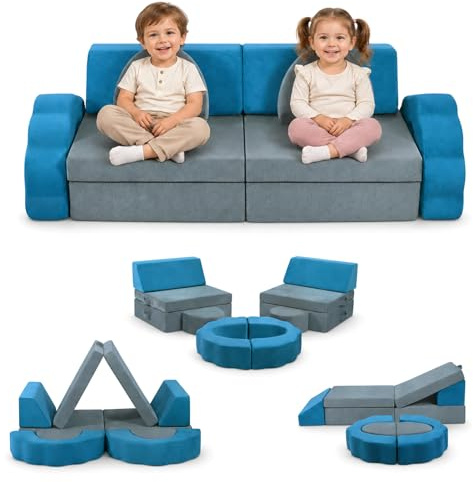 Krovtoy 10-teiliges Modulares Spielsofa Grau-Blau, DIY Kindercouch mit Blumenform & Leuchteffekt, Waschbarer Bezug, Umwandelbar zum Spielen & Entspannen für Kinderzimmer