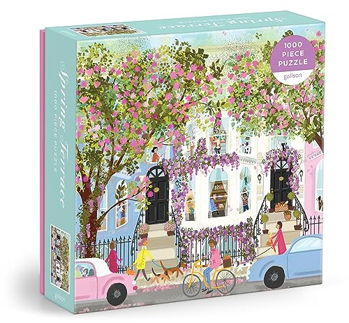 Galison Spring Terrace – 1000 Piece Joy Laforme Puzzle Featuring a Magnolia Filled Neighborhood Day On A Spring Day