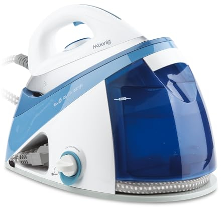 H.Koenig Ferro da stiro con caldaia V24, alta pressione 6 bar, vapore continuo 150 g/min, autonomia illimitata, stiratura verticale, piastra in ceramica EasyGlide, potente 2400W, 1,1L, anticalcare