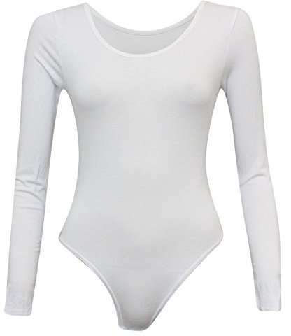 Candid Styles Womens Stretch Basic Scoop Neck Long Sleeve Bodysuit Top Ladies Leotard, S/M 8-10, White