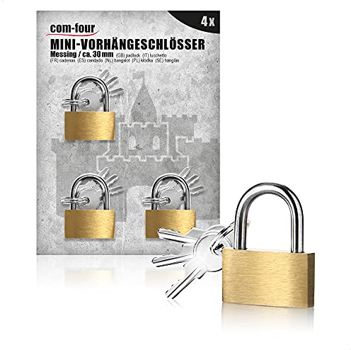 com-four® 4x Vorhängeschloss aus Messing, Vorhangschloss mit 3 Schlüssel | Sicherheitsschloss für Haushalt - Freizeit - Arbeit
