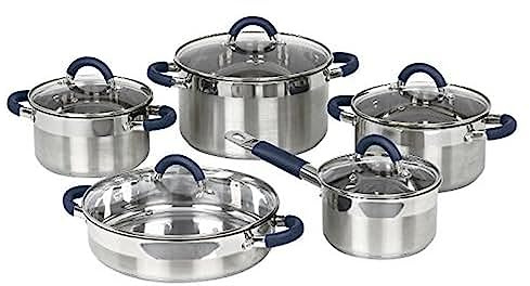 Jata BC10 - Batería Cocina 10 piezas de Acero Inoxidable, Antiadherente, Apta para Todo Tipo de Cocinas Incluso Inducción, Tapa Vidrio Temperit
