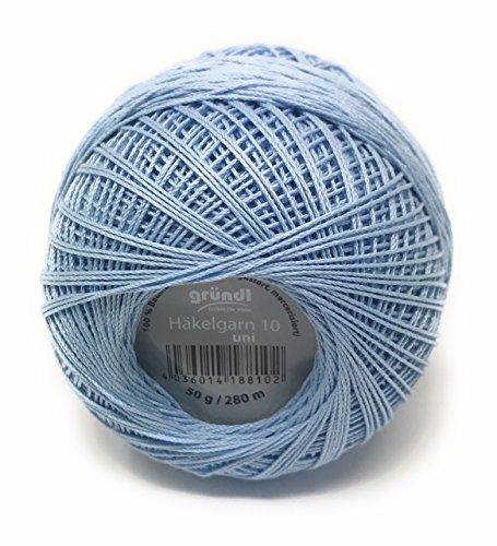Brandneu! Gründl Häkelgarn 10, Filethäkelgarn, 100% Baumwolle (mercerisiert, gasiert, gekämmt), 50 Gramm Knäuel = 280 Meter LL, 20 tolle Farben, (11 hellblau)