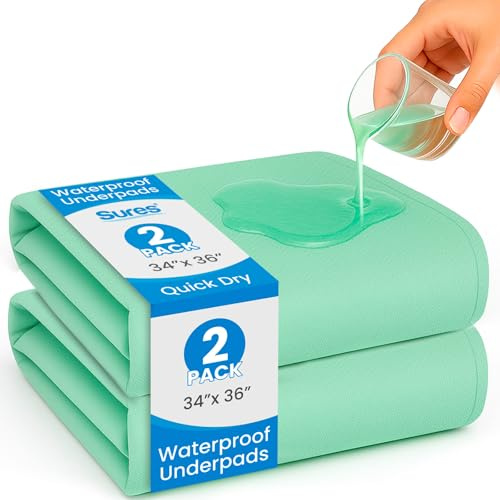 Sures Washable, Waterproof Bed Pad & Mattress Protector for Incontinence (34 x 36 - 2 Pack) - Reusable Bed Pad for Adults & Elderly - Bed Wetting Protection Mattress Pad - Underpad Bedwetting Sheet
