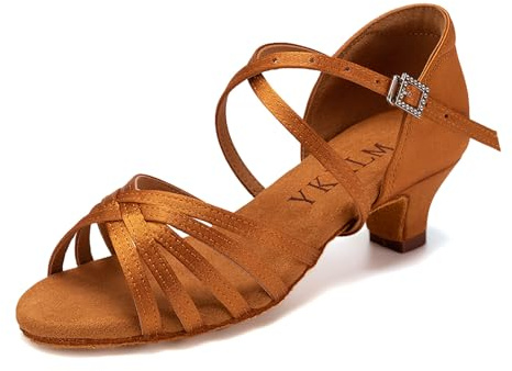 YKXLM Scarpe da Ballo Latino Americano Donna con Punta Aperta Scarpe Danza Latina Bambina con Tacco 4cm,Marrone,37.5 EU