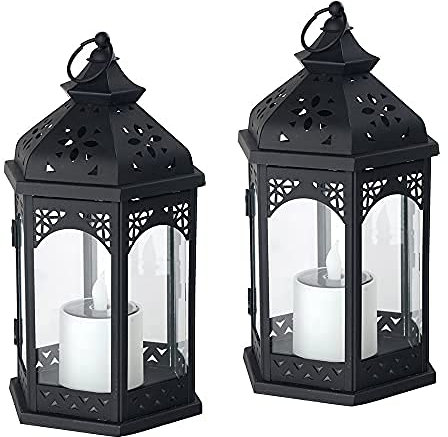 2x LED-Solar-Garten-Laterne-Tisch-Leuchte-Lampe RAMONA schwarz, 6 eckig. H: 33cm, D: 18cm, IP44, Balkon-Boden-Treppen-Mauer-Dekorations-Stimmungs-Leuchte-Lampe