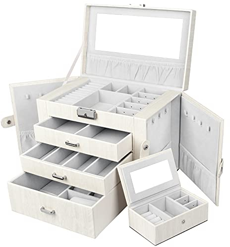 Yorbay Schmuckschatulle, groß, abschließbar, mit Spiegel, 4 Etagen, 3 Schubladen, Samtfutter mit tragbarer Reisebox, für Ohrringe, Halsketten, Armbänder, Uhren, Brillen