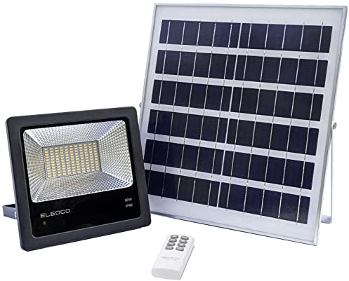 ELEDCO Foco Solar Led 80W, Panel Solar, Batería, Regulable Mando a Distancia, Luz Exterior Autonomía 8-15 Horas, Luz Neutra 4000K