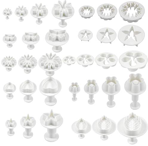 33 Pcs Cortador Fondant Expulsor, Cortadores de Pastel para Decorar, Cortador de Galletas con Flor Corazón Mariposa Estrella Forma de Copo de Nieve, Herramientas de Decoración de Pasteles Bricolaje