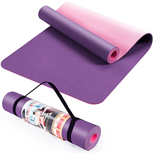 ACTIVE FOREVER Yogamatte, Hochwertige TPE-Yogamatte, Fitness-sporttrainingsmatte, Yogamatte mit Riemen, Rutschfest, Ungiftig, Geeignet für Yoga-Anfänger, Fitness, Pilates Und Turner (Purpur Rosa)