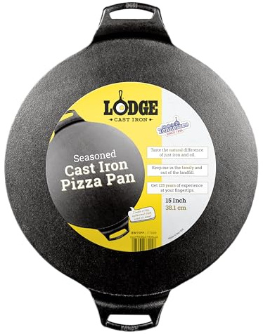 Lodge Seasoned Cast Iron Pizza Pan 15 Inch - Pre-Seasoned, Round Pizza Pan with Dual Assist Handles - Even Heat Distribution- PFAS-Free, Non-Toxic Cookware - Oven Safe