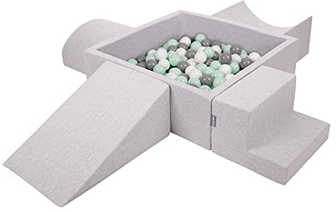 KiddyMoon Spielplatz Aus Schaumstoff Mit Quadrat Bällebad (200 Bälle) Ballgruben Für Babys Spielbad Hindernisläufen, Hergestellt In Der EU, Hellgrau:Weiß/Grau/Minze