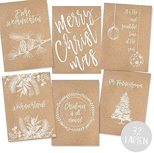 Weihnachtskarten Set (32 Stück) mit unterschiedlichen Motiven - A6 für Weihnachten - Eine Christmas Postkarte für jeden deiner Liebsten - Coole Weihnachtspostkarten mit und ohne Sprüche