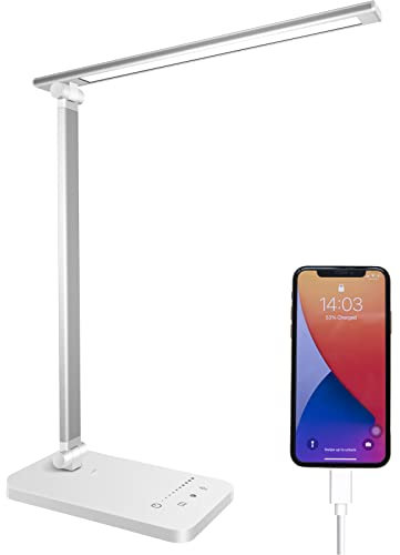 Qualore Desk Lamp, LED Table Lamps with USB Charging Port, 5 Color Mode,5 Brightness Level, Touch Control, 45 Min Auto Timer, Relax Mode, Daylight Bedside Light for Home Office Study Bedroom Nail Kids