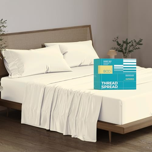 THREAD SPREAD 100% Egyptian Cotton Sheets King Size - 800 Series Euphoria Collection Egyptian Cotton King Size Bed Sheets Set (4 PC, Ivory), Soft, Cooling, 16 Deep Pocket Sateen Hotel Bedsheet