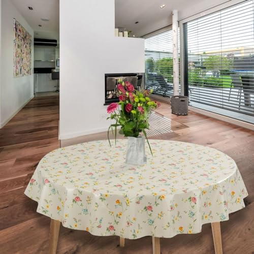 laro Rund 140 cm Wachstuchtischdecke Tischdecke Abwaschbar PVC Blumen Rose Gelb Grün Rund 140cm