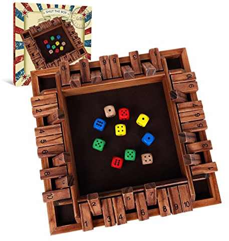 GOTHINK Schließen Sie die Box Würfel Spiel mit 10pcs Würfeln 12 Zoll Traditionelle hölzerne Tabelle Mathematik Brettspiel 10 Zahlen für Kinder Erwachsene, Familie oder Pub Bar 1-4 Spieler
