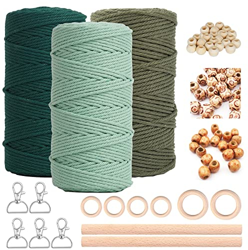 Makramee Garn 3mm x 60m 3er Makramee Set für DIY Handwerk Makramee Wandbehang Traumfänger Blumenampel Vorhang Bastelset Schnurkette, Mit 5 Schlüsselanhänger 60 Holzperlen 6 Holzringe 2 Rundstab