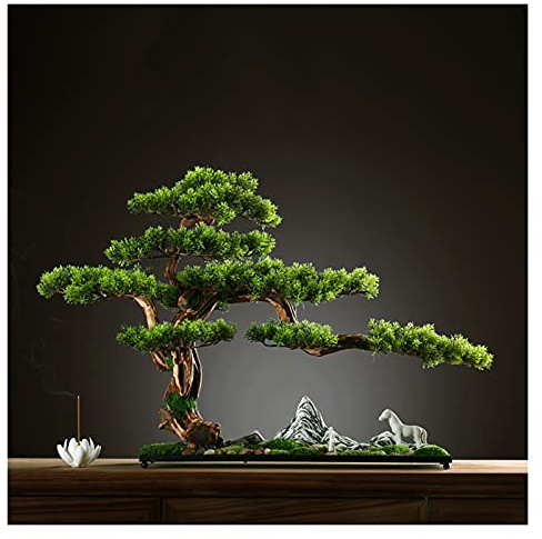 Artificial Bonsai 17 Inch Tall Artificial Pine Bonsai Ornament A New Chinese Simulation Welcoming Pine Faux Tree for Tea Room（with Cleaning Brush） Fake Tree