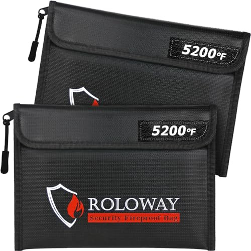 ROLOWAY Feuerfeste Tasche (24,4 x 16,8 cm), wärmeisoliert, feuerfeste Geldtasche mit Reißverschluss für Bargeld (2 Stück, schwarz)