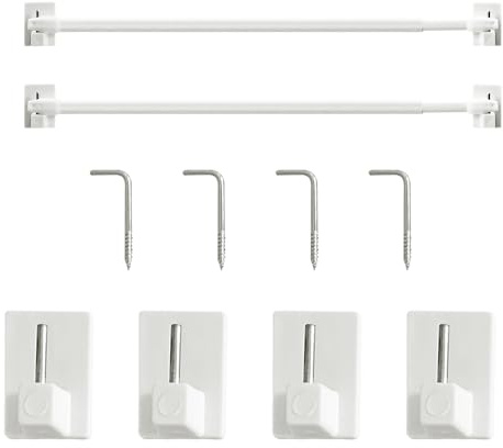 Lot de 2 tringles à rideaux rétractables, 8 crochets adhésifs, 4 clous en forme de 7, tringles à rideaux réglables, tringles à rideaux extensibles, tringles à rideaux en maille rétractables