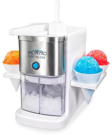 Nostalgia SnowPro Electric Shaved Ice & Snow Cone Maker 64-Ounce Ice Shaving Capacity, 4 Reusable Cones, Side Shelves, and Scoop Included