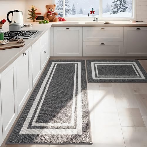 COSY HOMEER 2-Piece Nonslip Kitchen Runner Rug Set, 51x76cm+51x122cm, Absorbent and Machine Washable Kitchen Floor Mats, 100% Polypropylene Carpet Runners for Anti Water Splashes, Grey