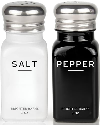 Farmhouse Salt and Pepper Shakers Set by Brighter Barns - Modern Kitchen Decor, Dining Table Countertop Accessory - Rustic, Vintage Glass Shakers with Stainless Steel Lids for Home, Restaurant
