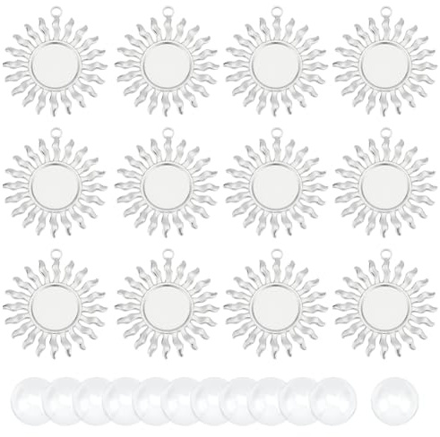 UNICRAFTALE 12 Sets DIY Rohlinge Sonnen Anhänger Set 304 Edelstahl Anhänger Cabochon Flache Runde Leere Cameo Lünette Tablett Charms Mit Glas Cabochons Für Schmuckherstellung 15mm