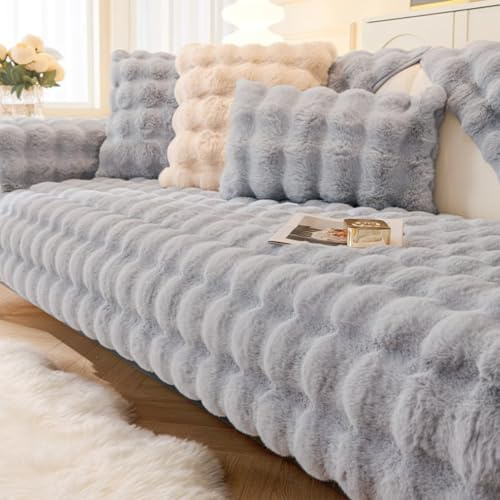 Hovoto Sofa Überzug, Kaninchen Plüsch Sofabezug L Form 1 2 3 4 Sitzer Sofa Überzug Ecksofa, Universelle rutschfeste Sofaschoner, Weiche Dicke Plüschsofa Kissenbezüge, hellgrau, 90 * 160cm