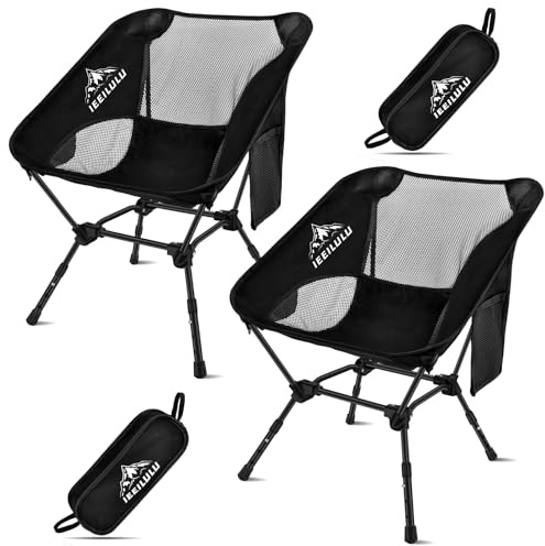 IEEILULU Silla Plegable Camping, Ligera Compacta Ultraligera Sillas Camping Carga de 130 kg, Silla Plegable para Acampada, Jardín, Pesca, Playa, Terraza (Negro-2pcs)