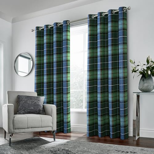 always4u 100% Blackout Curtains Check Eyelet Bedroom Tartan Curtain Plaid Brushed Cheque Pair of Highland Woolen Look Window Treatment for Living Room Dark Green 90 * 90 Inches