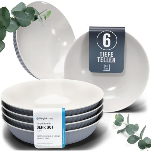 Steingut Suppenteller 6 Personen Hygge TESTSIEGER, Traumhaftes Skandinavisches Steingut Tiefe Teller Set, Pasta Teller Tief Groß - Pure Living in Graublau