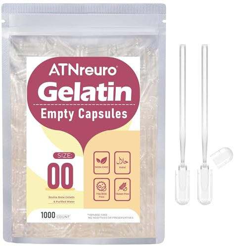 Empty Gelatin Capsules Size 00 Pure Bovine Capsule Shells 100 Count Easy Fill Halal Certified for Supplements Dry Powder Filling Home Use with 2 Micro Spoons