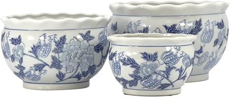Galt International Blumentopf, Porzellan, rund, Blumenmuster, Keramik, 3er-Set (20,3 cm, 25,4 cm, 30,5 cm), Gartentöpfe, chinesisches asiatisches Design, Blau und Weiß