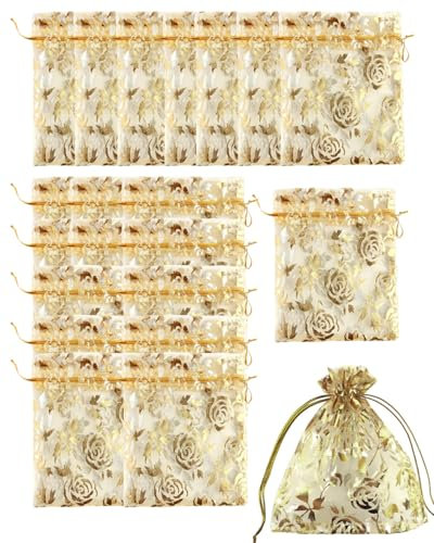 TOZBLEU Borsette, 50 Pezzi Sacchetti Organza Oro 9 * 12cm, Regalo per Matrimonio, Caramelle e Gioielli, Con Coulisse - Confezione Regalo