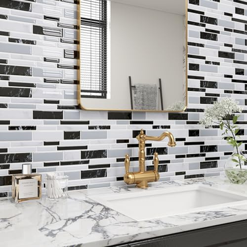 ReWallpaper 30.5x30.5CM 34 Stück Fliesenaufkleber Marmor 3d Wandfliesen Selbstklebend Grau Klebefliesen Bad Schwarz Marmor Vinyl Fliesen Küche Wand Dusche Wasserfest Fliesenfolie Metro