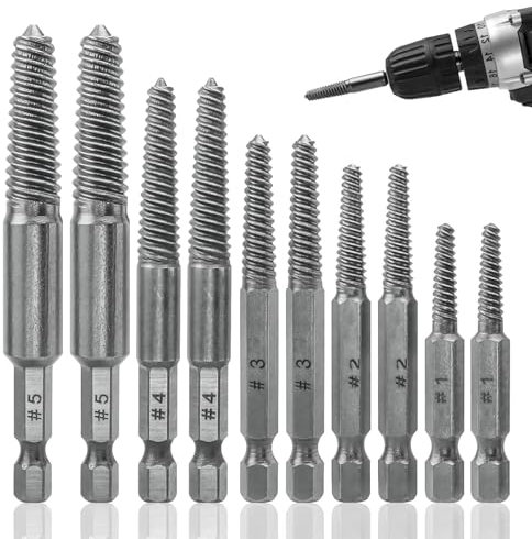 Screw Extractor Drill Bit Set, 10 Pcs 1/4 Hex Shank Screw Extractor Set, Screw Remover and Extractor Bit Set, 5 Sizes Stripped Screw Removal Tool for Removing Broken Bolts, Studs