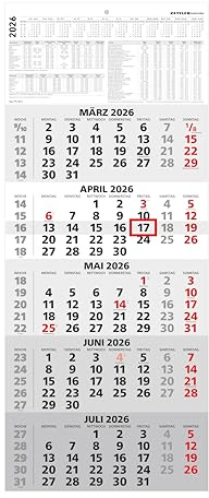 Zettler 5-Monatskalender 2026 – Wandkalender 33 × 72 cm mit Datumsschieber, 5 Monate pro Blatt, Monatsübersicht Dez. 2025–Jan. 2027, mehrsprachig, Feiertage markiert, Jahresübersicht, stabil