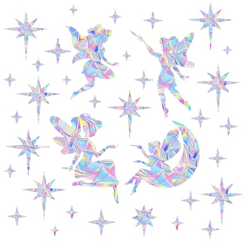 Gosknor 74pcs Rainbow Window Clings, Fairies and Stars Prism Window Stickers Static Glass Decals to Prevent Bird Strikes Indoor Decorations