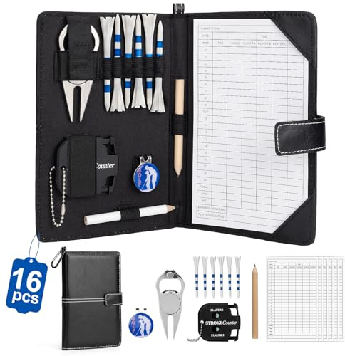 Golf Scorekartenhalter mit Karabinerhaken, Golf Zubehör Set beinhaltet Pitchgabel mit magnetischem Ballmarker, 5 Scorekarten, 6 Golf Tees, 1 Bleistift & Punktzähler - Tragbares Golf-Geschenk für