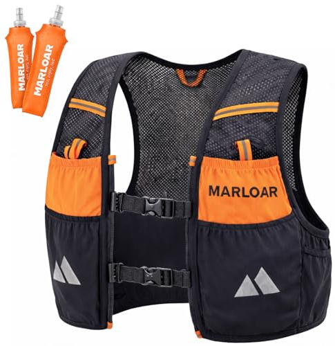 MARLOAR Gilet hydratation - Sac hydratation Running, 2 flasques Souples 500ml incluses, léger et Respirant, Trail et Course à Pied (Noir ET Orange, M)