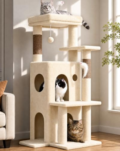 Globlazer FC50 Kratzbaum klein Beige Stabil 127cm für Große/Senioren Katze | Katzenbaum mit Große Zweistöckiges Katzenhaus、Gepolsterte Plattform、Groß Basis für Ausruhen Spielen Kratzen Innen