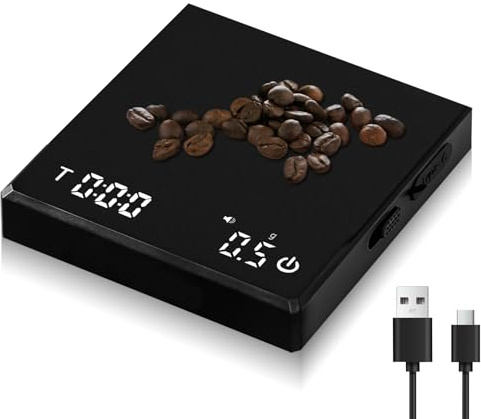 WIYETY Mini-Kaffeewaage mit Timer: Wiederaufladbare Espressowaage mit LED Anzeige und Automatischer Zeitmessung, 2kg/0,1g Hochpräzise Waage Tragbare Digitale Küchenwaage