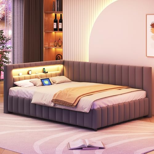 RIAZOS Polsterbett Schlafsofa 140x200 mit LED-Beleuchtung und USB-Anschluss | Samtstoff Doppelbett, Bettgestell mit Lattenrost, Bettsofa Gästebett Tagesbett Jugendbett, ohne Matratze, Grau