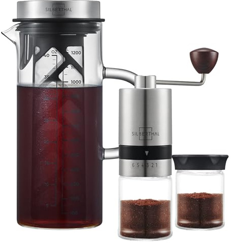 SILBERTHAL Kaffeemühle manuell mit Edelstahlmahlwerk und Cold Brew Coffee | Maker 1,2 Liter - Genuss Set für Eiskaffee