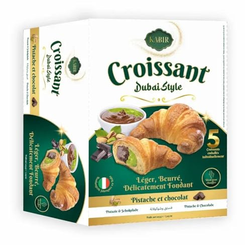 KABIR-BN – Paquete de 5 croissants Halal Chocolate & Pistacho – Dubai Style – Envueltos individualmente – Ideal para aperitivos – Pastelería Fondante – Sabor refinado – inspirado en los sabores