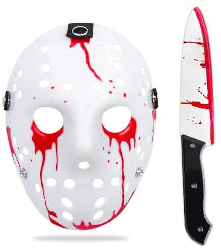 LETSHOLD Halloween Maske Erwachsene, Horror Hockey Maske mit Kunststoff Messer, Scary Movie Mask Accessoires Set für Halloween Karneval Cosplay Party (A)